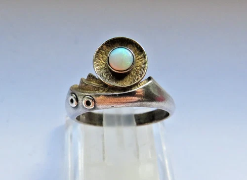 Vintage 925 Silver Ring with Opal Milk Opal Cabochon Size 55/56 Partially Gold Plated Excellent