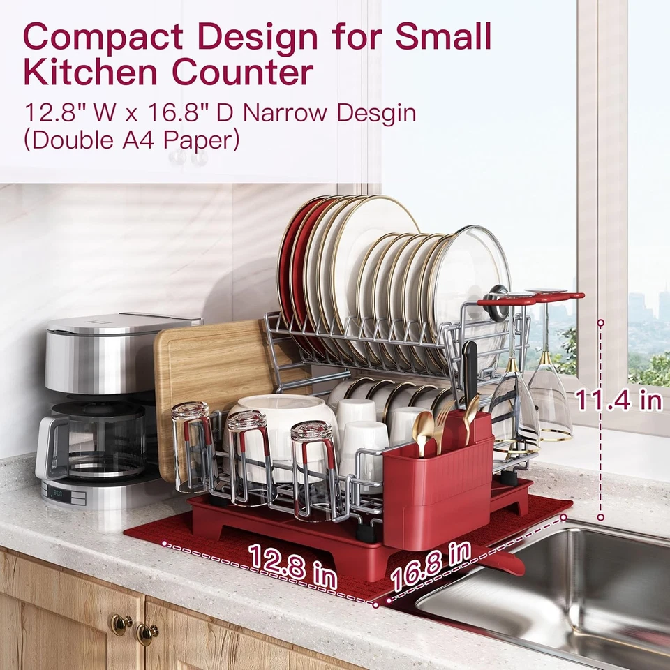  Estante de secado de escurridores de platos grandes de acero inoxidable rojo de 2 niveles para mostrador de cocina  Foto 2 de 4