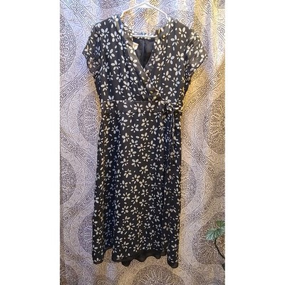 Talbots Petites Silk Wrap Look  Dress Womens 10P Brown Cream Floral Daisy SS