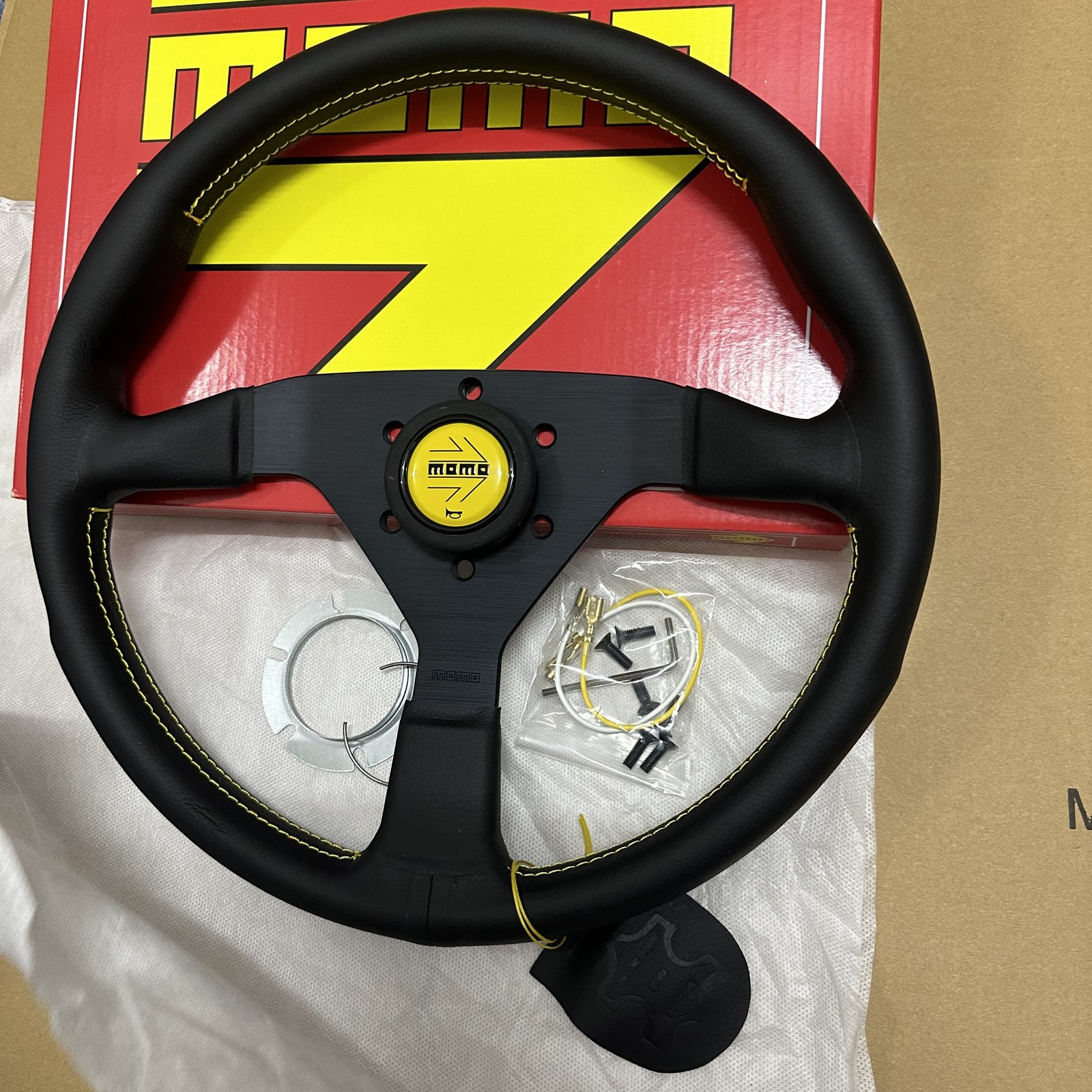 MOMO MonteCarlo Racing 14inch 350mm Leather Sport Steering Wheel Yellow Button