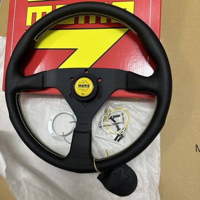 momochon Momo MonteCarlo 14in Leather Steering Wheel Yellow Horn Black