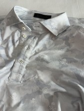 G/FORE Polo Shirt Mens Medium Gray Camo Skull Crossbones Golf Athletic Logo