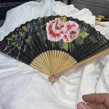 Vintage Hand Painted Flowers on Black Hand Folding Fan Very Nice