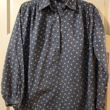 Chaps VTG Womens Blue with White Flowers L SL 1/2 button Casual Boho Blouse L