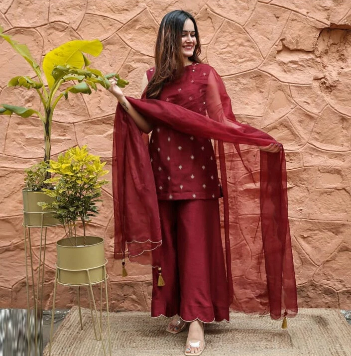 Beautiful Maroon Silk Party Wear Salwar Kameez Plazo Suits Readymade Top Bottom