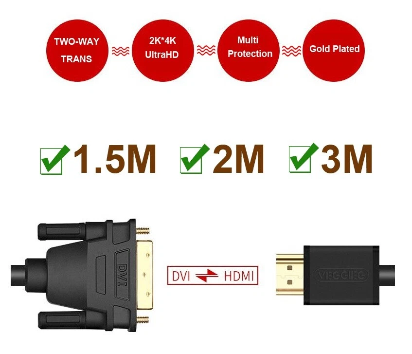 DVI to HDMI Converter Cable Cord 3M 2M 1.5M Full Ultra HD 2K*4K For TV HDTV PS4 - Image 2 of 4
