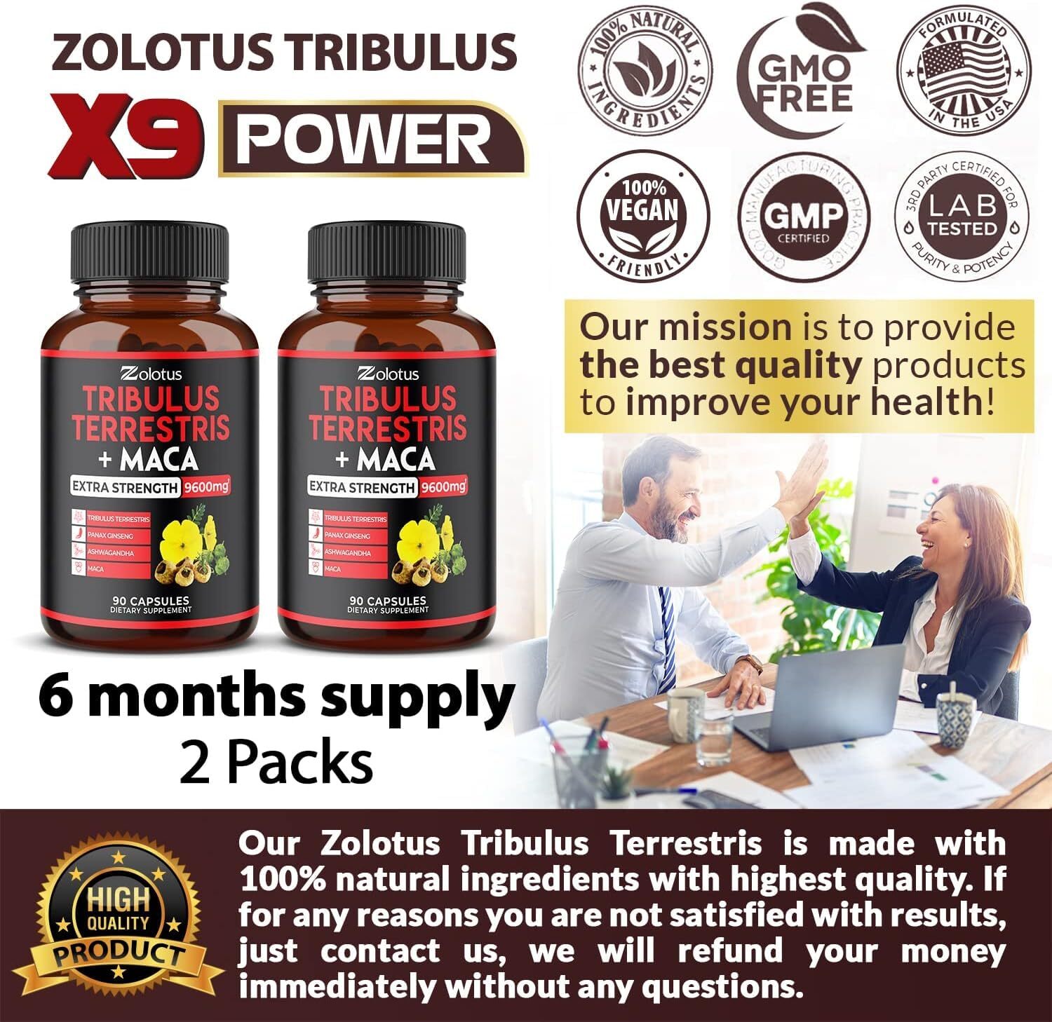 Zolotus 2 Packs Premium Tribulus Terrestris + Maca, 9600mg Per Capsule