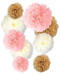 Premium Tissue Paper Pom Poms Neutral Pink Gold Decorations 9 Pc