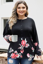 Plus Size Floral Printed Splicing Half Button Top