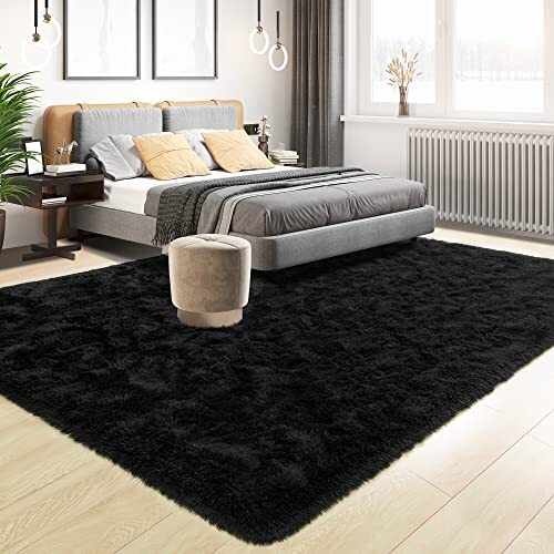 Super Soft Fluffy Rug for Bedroom, Modern Shaggy Rug Fuzzy 4 x 6 Feet Black - Picture 7 of 8