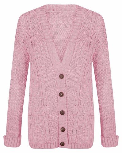 Women Girls Long Sleeve Button Chunky Cable Knit Top Grandad Cardigan UK 8-26 - Picture 5 of 22