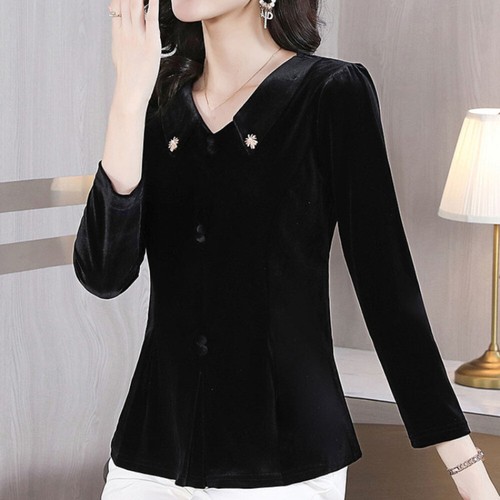 Lady Velvet Peplum Tops Shirt Causel Frill Long Sleeve Blouse T-shirt Slim Basic - Picture 17 of 25