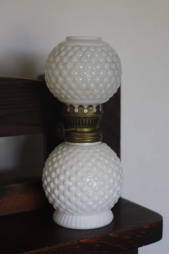 Vintage Miniature Milk Glass Hobnail Oil Lamp 6.5”  Original Sticker on Bottom