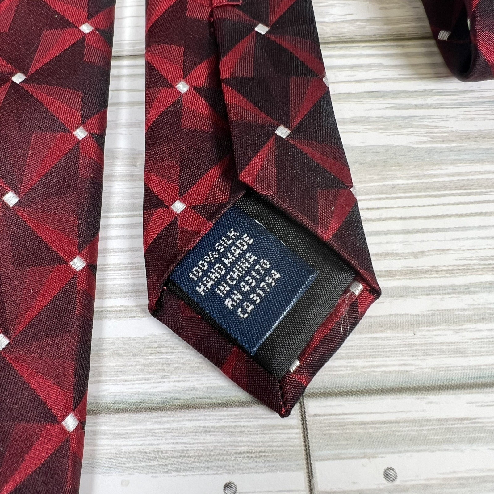 John Ashford SILK Tie Necktie Ruby Red Ivory Geom… - image 7