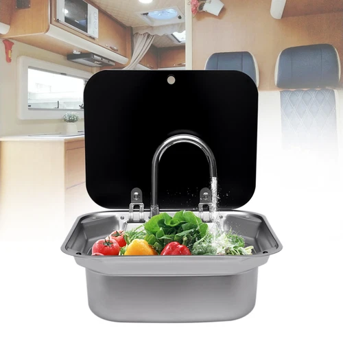 Fregadero de lavabo de mano para autocaravana caravana barco cámper furgoneta con grifo acero inoxidable - Imagen 5 de 14