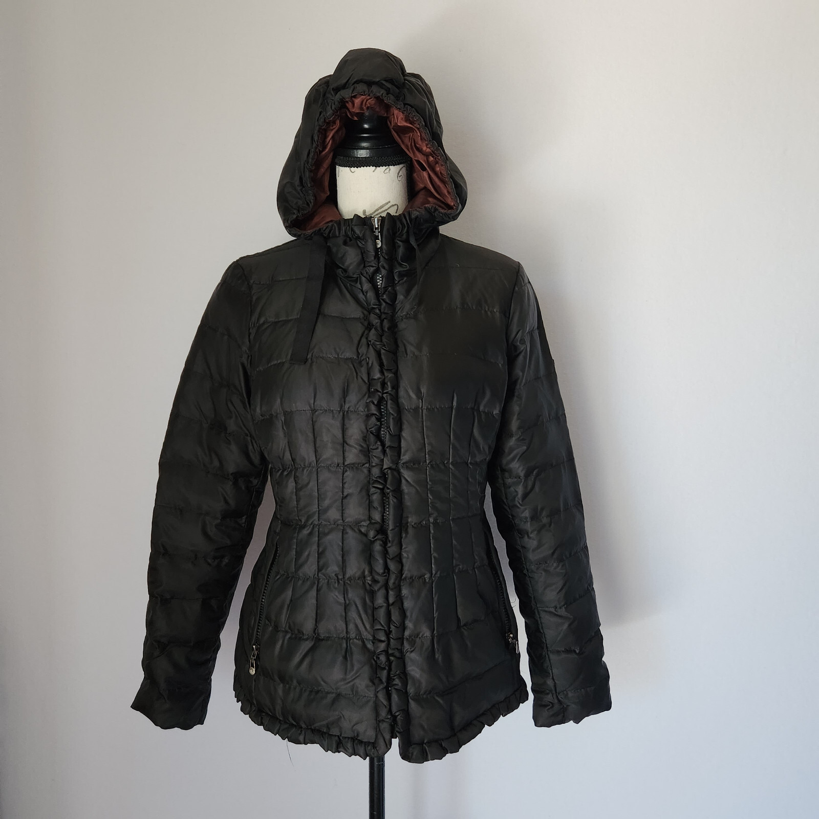 I Madison Expedition Down Puffer Hooded Jacket Ruffle Zip Black Women's S