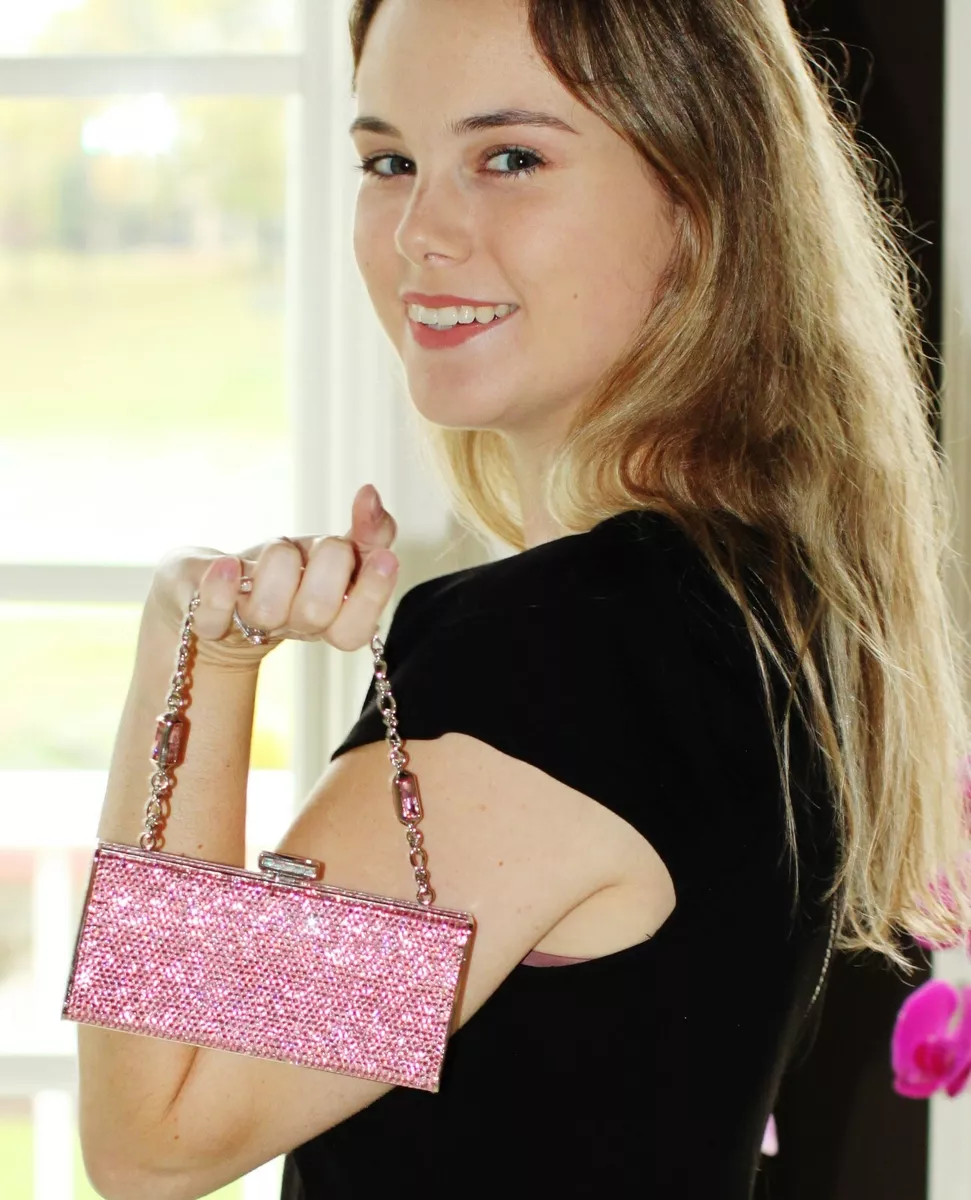 JUDITH LEIBER SWAROVSKI CRYSTAL PRETTY PINK MINAUDIERE CLUTCH BOX