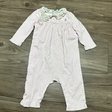 Ralph Lauren Baby Girls 0-3M Pink White Striped Romper Ruffle Bow Logo