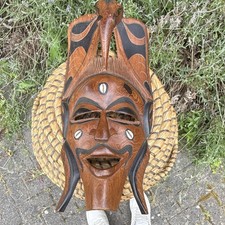 Hand Carved Wooden Tribal Decorative Wall Mounted Mask Painted Brown/Black