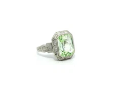 Antique Art Deco Ostby Barton 14k White Gold Green Amethyst Hand Engraved Ring