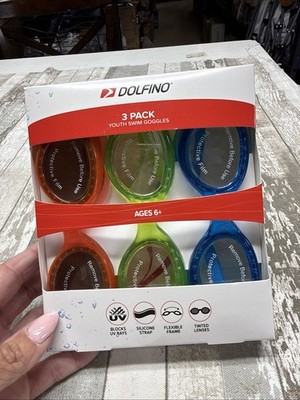 Dolfino 3 Pack Youth Swim Goggles - Red Green and Blue Silicone Goggles