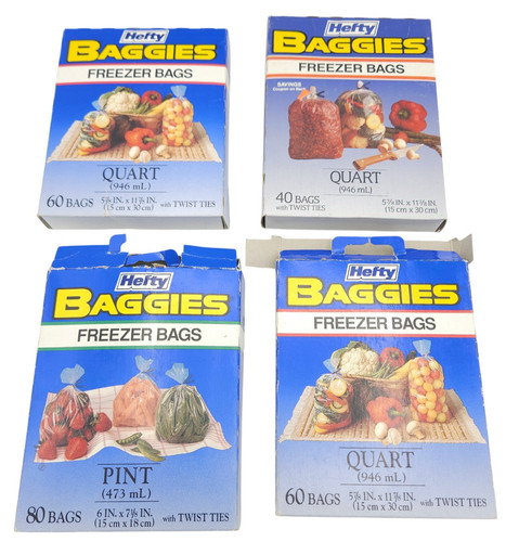 Vintage 80s Hefty Baggies Pint & Quart Size Freezer Bags w/ Twist Ties Lot of 4