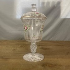 Vintage Hand Painted Pink Roses Glass Apothecary Jar Lid Goblet Bowl Pinstripe
