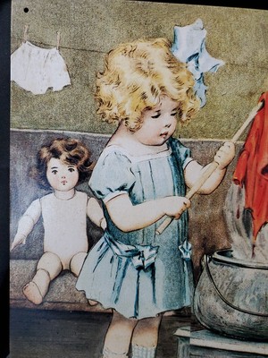 Metal Tin Sign A Busy Day in Dollville Bessie P Gutmann Balliol Co Diamond Dyes
