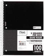 Spiral Notebook, 1 Subject, Graph Ruled Paper, 7-1/2" X 10-1/2", 100 Sheets, Bla