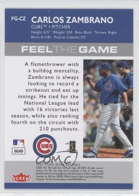 2007 Fleer Ultra Feel The Game Carlos Zambrano #FG-CZ - Image 2 of 2