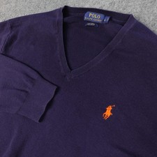Polo Ralph Lauren Sweater Mens Large Navy V Neck Pima Knit Pullover Orange Pony