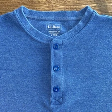 LL Bean Thermal Henley Shirt Mens Large Blue Mini Waffle Long Sleeve Cotton Knit