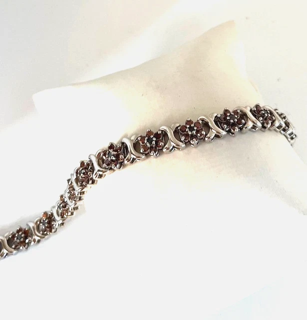 PULSERA TENIS 10K WG HECHA A MANO ELEGANTE COLOR NEGRO Y ROJO DIAMANTE FLOR Foto 3 de 4