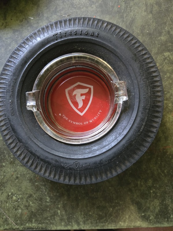 Vintage Firestone Deluxe Champion Rubber Tire and Glass Ashtray FS62