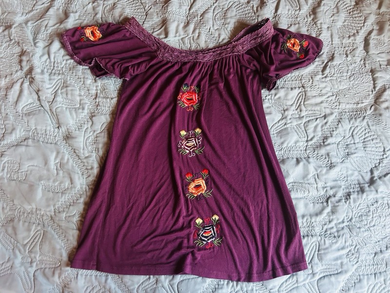 Angie Women Embroidered Flower Purple Peasant Boho Blouse Tops Cowgirl Hippie