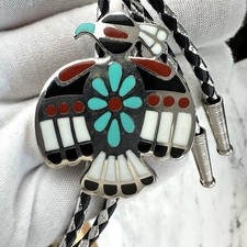 Vintage Zuni Thunderbird Silver Tone Turquoise Coral Inlay Western Bolo Tie