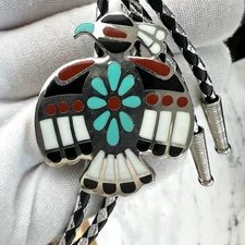 Vintage Zuni Thunderbird Silver Tone Turquoise Coral Inlay Western Bolo Tie