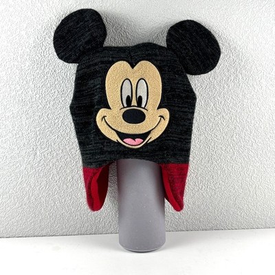 Disney Mickey Mouse Beanie Kids 2T-5T Black Red Trapper Hat with Ears