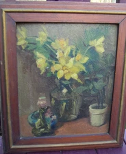 Early 20th c Impressionist Still Life Oil Painting Daffodils Plants