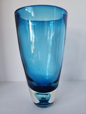 Blue Art glass Blown Vase Controlled Bubble Bottom Scandinavia Murano READ