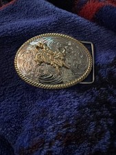 Western Style Bucking Bull Belt Buckle Two Tone Scrolls