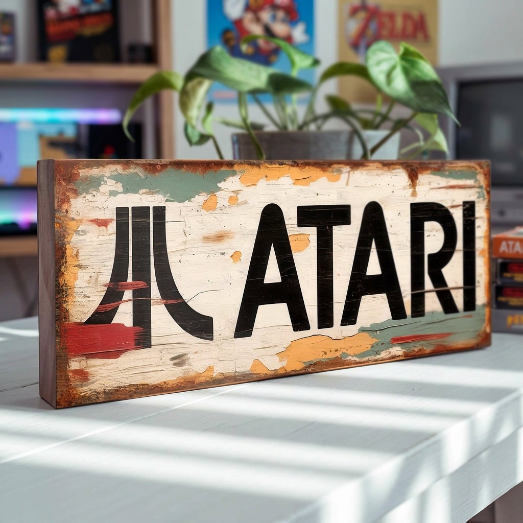 Atari Retro Style Sign Video Arcade Gaming White Wall Plaque Game Room