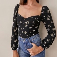Reformation Reign Top Daisy Black Floral Smocked Bustier Corset Size 2