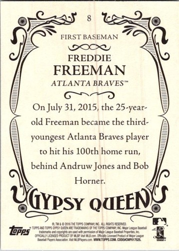 2016 Topps Gypsy Queen #8 Freddie Freeman - Picture 2 of 2