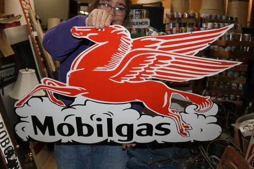 Large 35" Vintage Mobil Mobilgas Gasoline Pegasus Gas Station Porcelain Sign