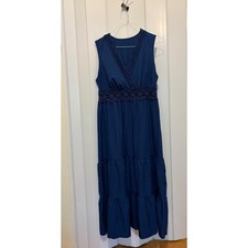 Shein Curve Navy Blue Crochet Lace Trim Tiered Sleeveless Smocked Maxi Dress