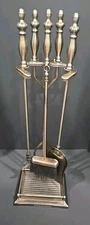 Vintage BRASS FIREPLACE TOOL SET 4 Pc Set Gold Tone With Holder-Companion Set