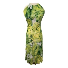Green and white leaf print Escada halter neck dress size 42 (15 inch waist)