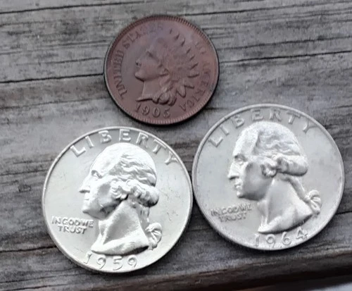 SILVER QUARTERS TWO UNCIRCULATED 1959 1964 1905 INDIAN HEAD CENT