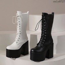 Women's Mid Calf Boots Platform Zipper High Block Heel Lace Up Shoes Knight Hot